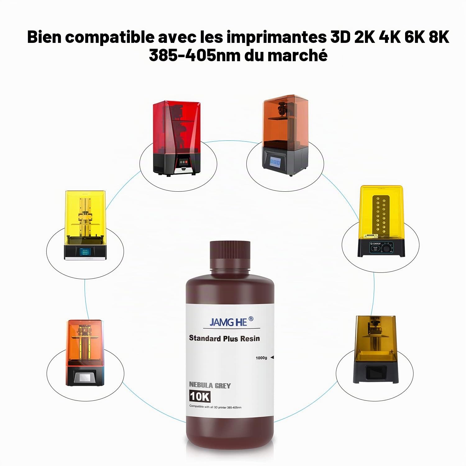 JAMG HE 10K Standard Plus Résine pour LCD DLP SLA 405nm Haute Précision & Faible Rétrécissement Résine UV Photopolymère Standard Convient pour Imprimantes LCD 2K/4K/6K/8K/12K (Gris)