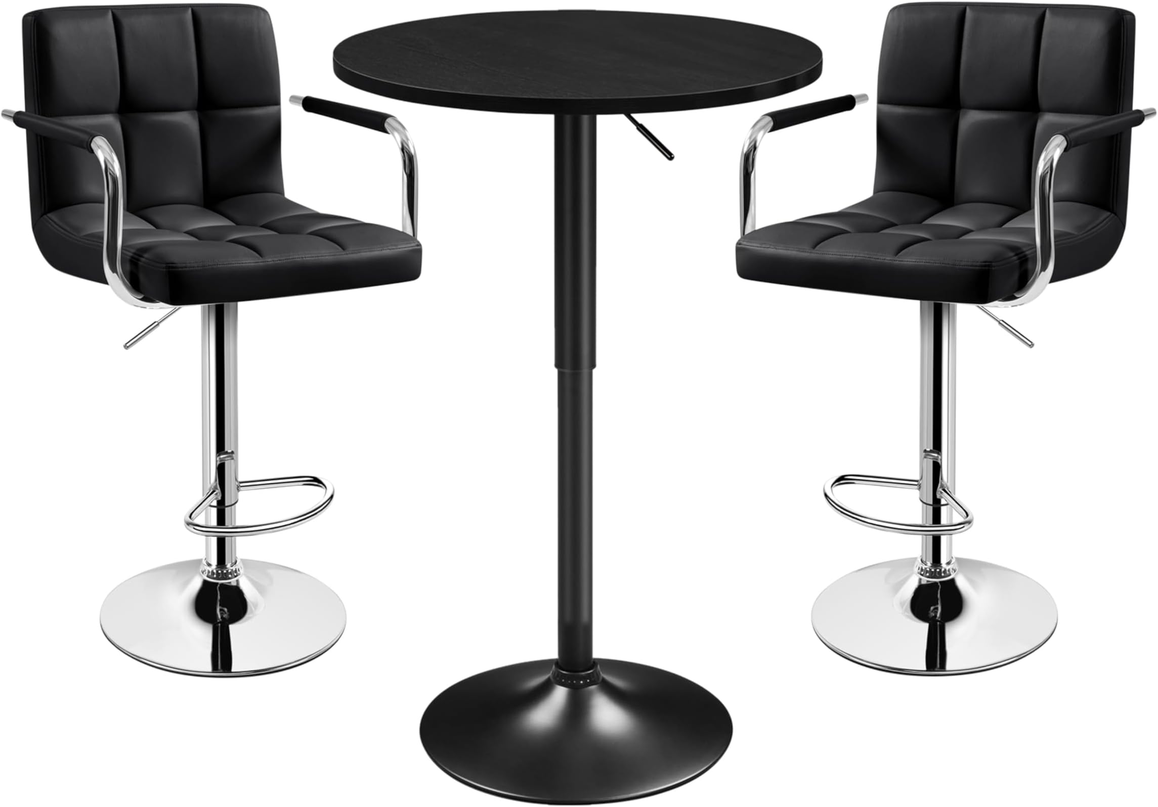 Yaheetech 3-Piece Bar Table Set, Round Bar Table and PU Leather Adjustable Swivel Chairs, Modern Counter Height Table Set with 2 Bar Stools for Kitchen, Full Black