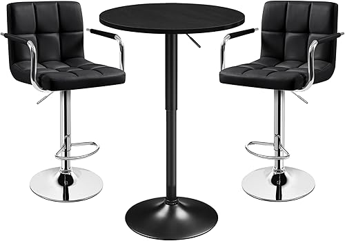 Miniatura 10 de Yaheetech Juego de mesa de bar de 3 piezas, mesa de bar redonda y sillas giratorias ajustables de piel sintética, moderno juego de mesa de altura de