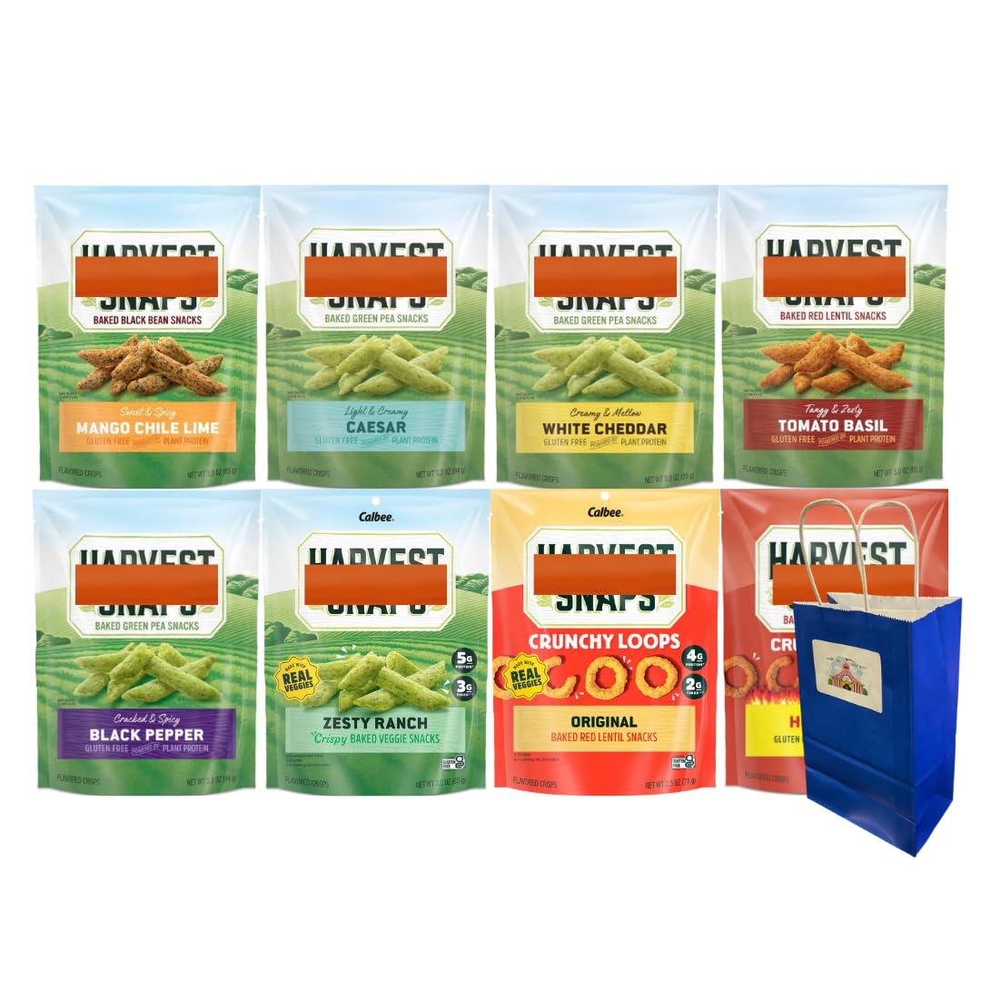 Big Top Deals USA 8-Pack Veggie Chips Custom Bundle - White Cheddar, Zesty Ranch, Tomato Basil, Mango Chili Lime, Black Pepper, Original, Hot & Spicy, Caesar – Harvest Snaps - 5.25x3.2x8 Blue Bag