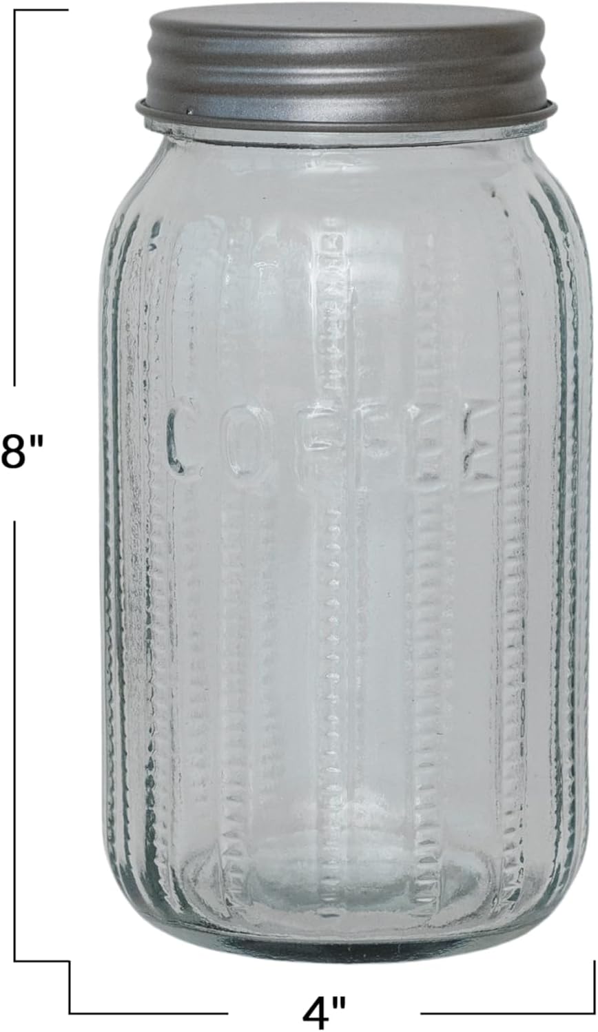 Creative Co-Op, Clear Tall Embossed Glass Jar with Metal Lid Coffee, Small