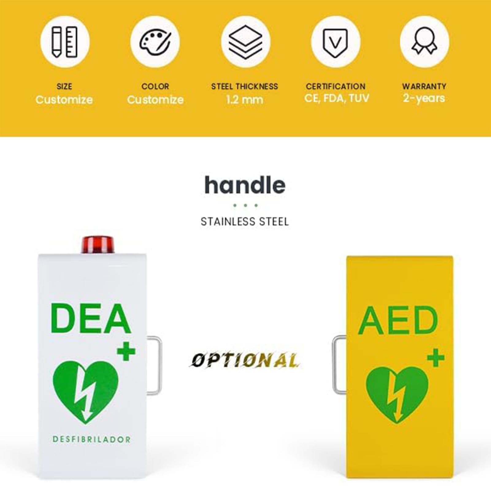 Armadietto per Defibrillatore Dae di Pronto Soccorso Contenitore A Parete con Sistema di Allarme E Controllo A Doppio Interruttore Adatto per Cliniche Domestiche,Uffici,Hotel,Yellow