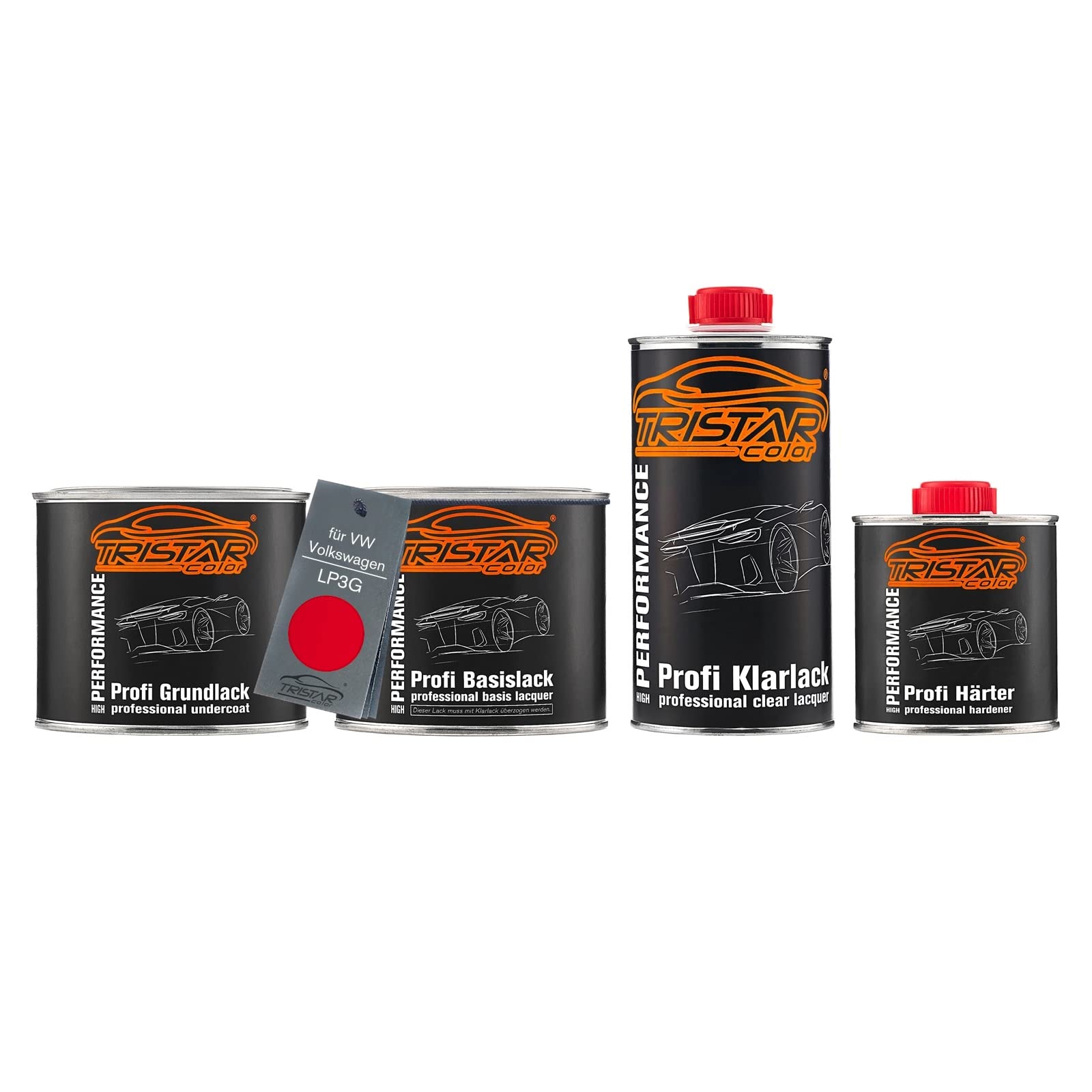 TRISTARcolor Autolack Dosen Set für VW/Volkswagen LP3G Flashrot 1,75L | Vermelho Flash, Set aus Grundlack + Basislack + 2K Klarlack + Härter, Literware, spritzfertig