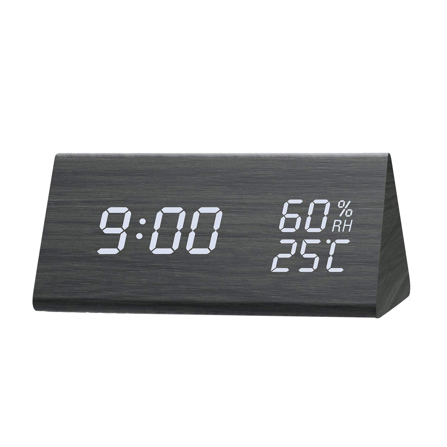 Digital Alarm Clock, Dual Time (12/24) Mode, Three Alarm Sets, Date LED Display, 3 Levels Brightness, Temperature and Humidity Wood Grain Clock