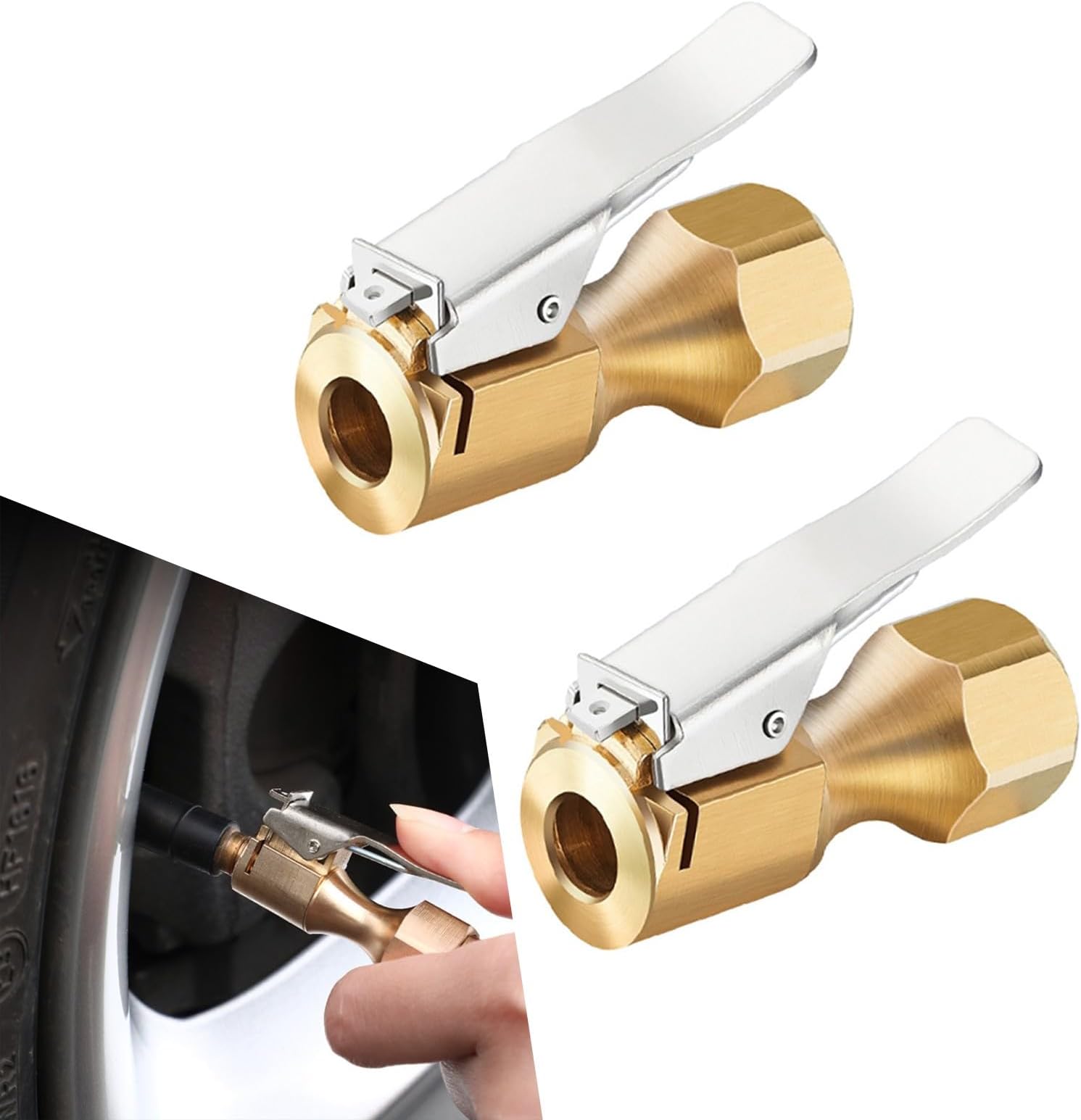 ZKFAR 2 PCS Tire Quick Inflation Chuck, Internal Thread 1/4NPT Quick Clamp Normally Open Type Heavy-Duty Copper Locking Chuck, Car Repair Maintenance Tool, for Most Car Models (Gold & Silver)