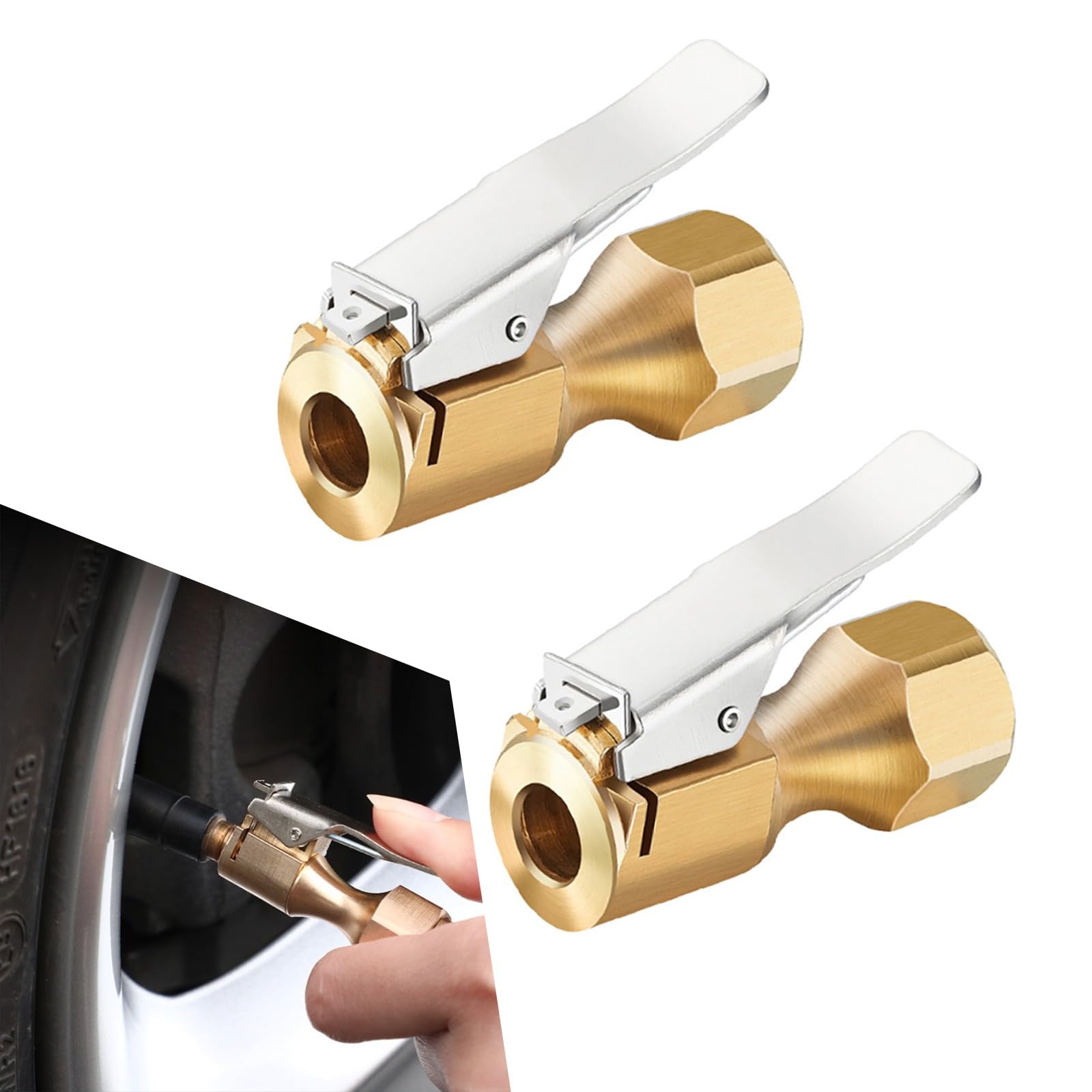 ZKFAR 2 PCS Tire Quick Inflation Chuck, Internal Thread 1/4NPT Quick Clamp Normally Open Type Heavy-Duty Copper Locking Chuck, Car Repair Maintenance Tool, for Most Car Models (Gold & Silver)