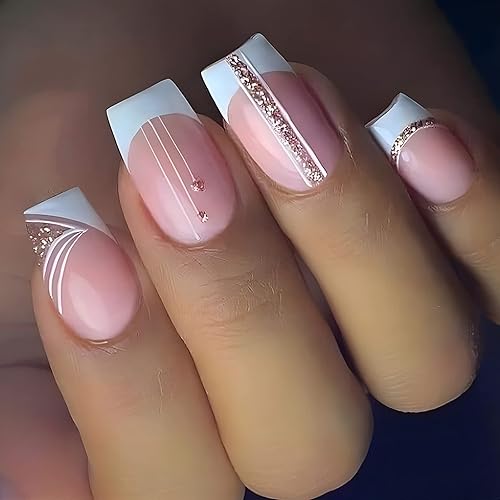 Uñas postizas de forma cuadrada, uñas cortas a presión, uñas acrílicas de cobertura completa, uñas artificiales brillantes, uñas con pegamento en