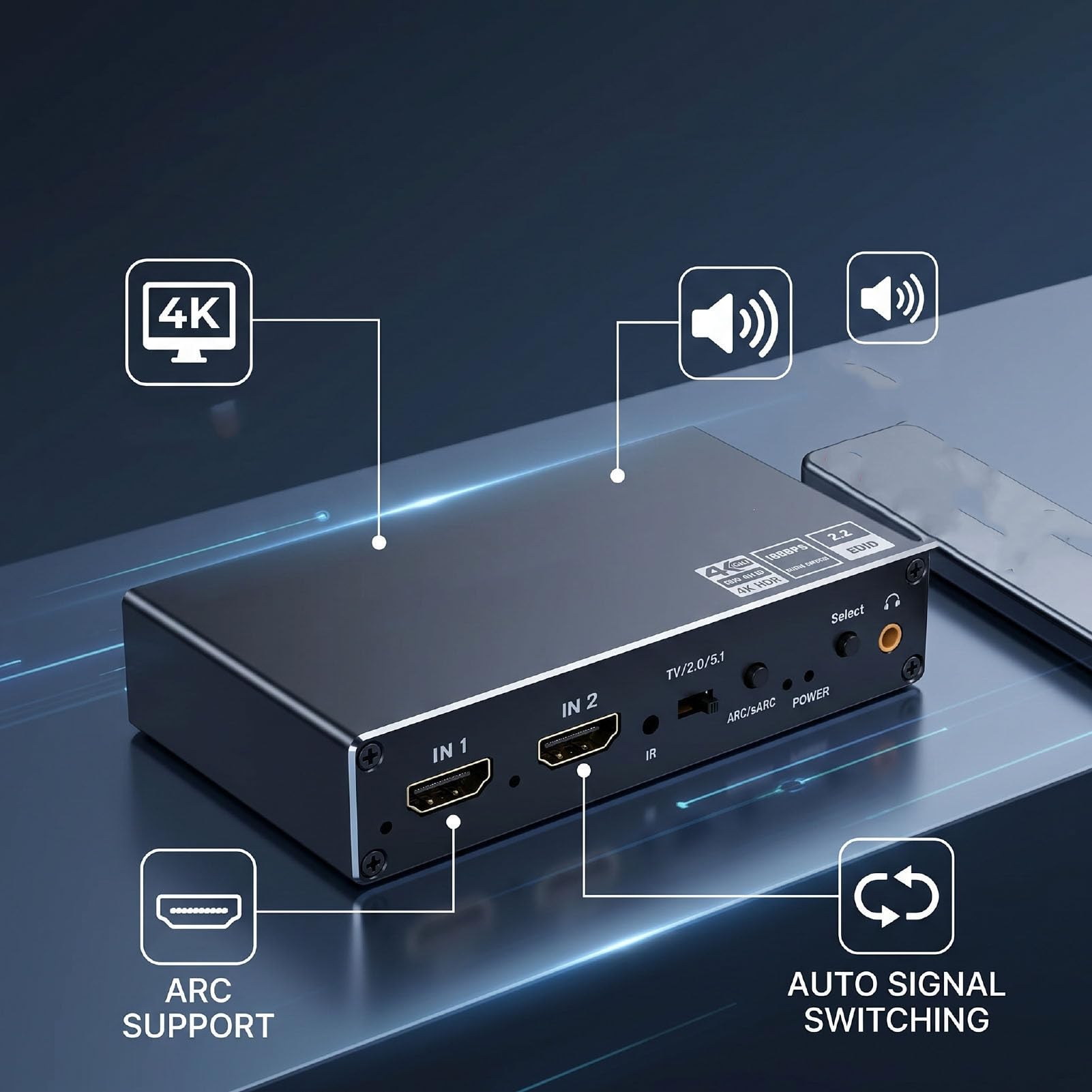 Tangxi Switcher HDMI 2.0 2 in 1 Uscita, Splitter HDMI ARC con Supporto Estrattore Audio 4K 60Hz, per HDTV, con Telecomando