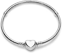925 Sterling Silver Snake Chain Charm Bracelet for Women - Fits Any Charms, Heart Clasp, Hypoallergenic Gift Box