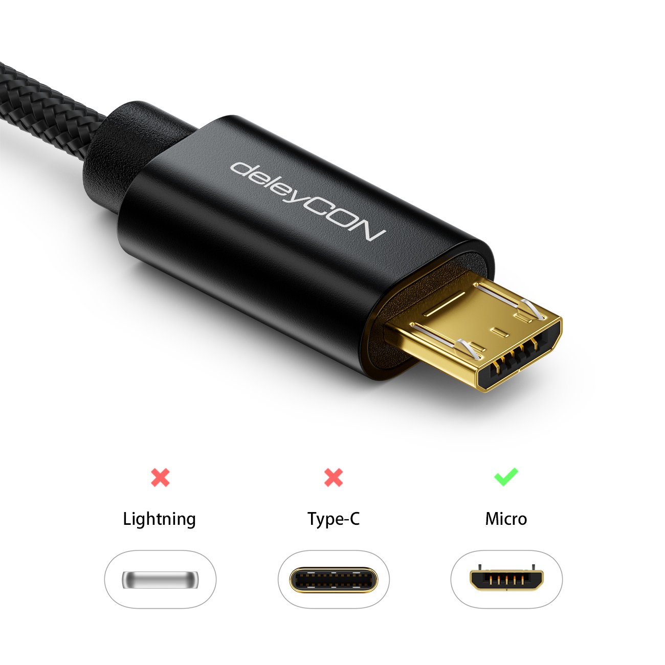 deleyCON Cavo Micro USB 0,15m Nylon + Cavo Metallico Cavo Dati di Ricarica Cavo di Ricarica Rapido Smartphone Tablet PC Laptop Notebook - Nero
