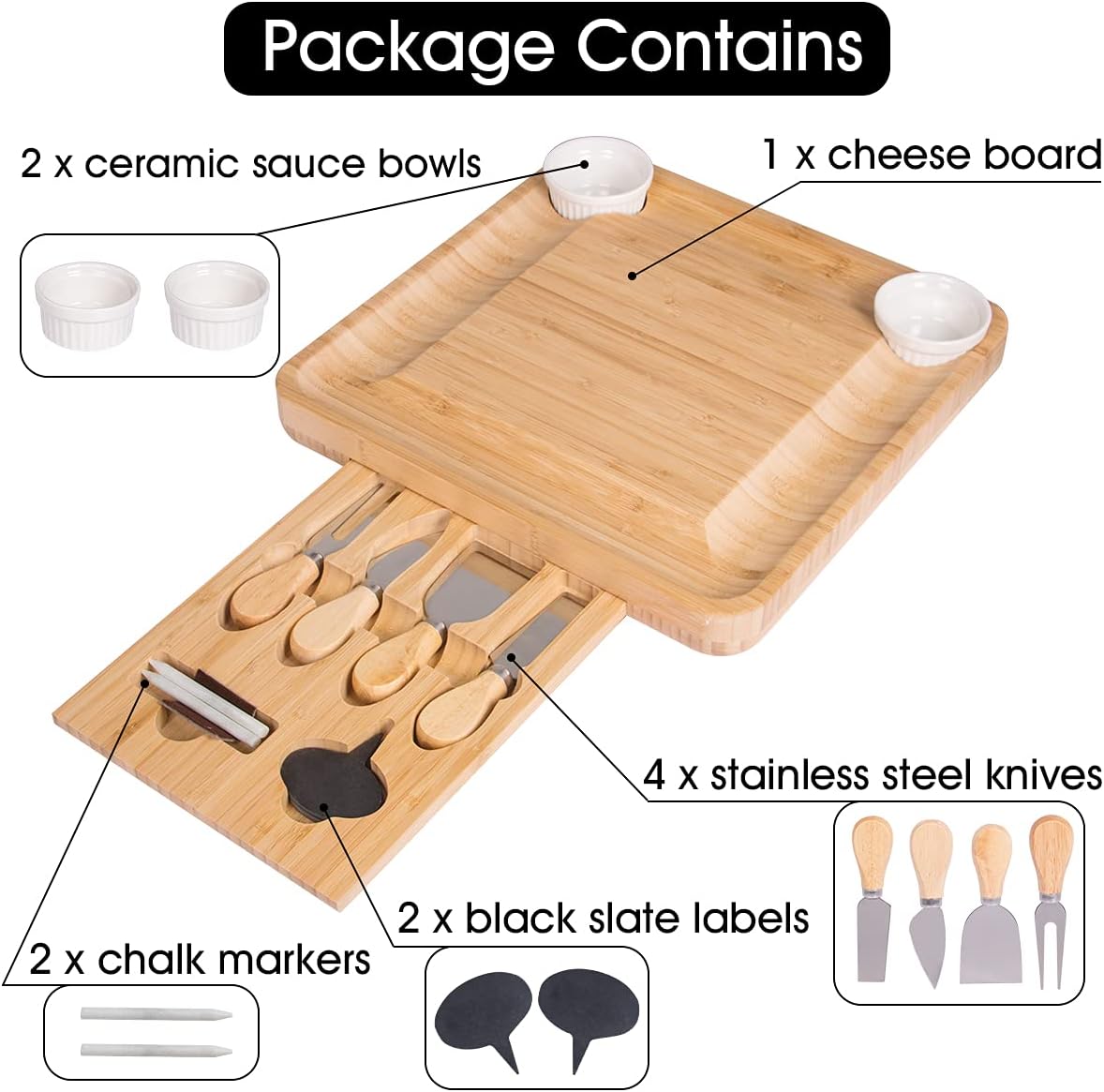 Charcuterie Boards - Bamboo Cheese Board & Knife Set with 10 Accessories, Cheese Cutting Board Serving Tray for Valentines Day Gift House Plates Picnic Wedding Couples Cheese Servers