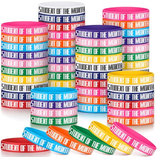 Cunno 100 Pcs Student of The Month Silicone Wristbands 10 Assorted Color Reward Rubber Bracelets for School Classroom Recognition Award Birthday Party Supplies
