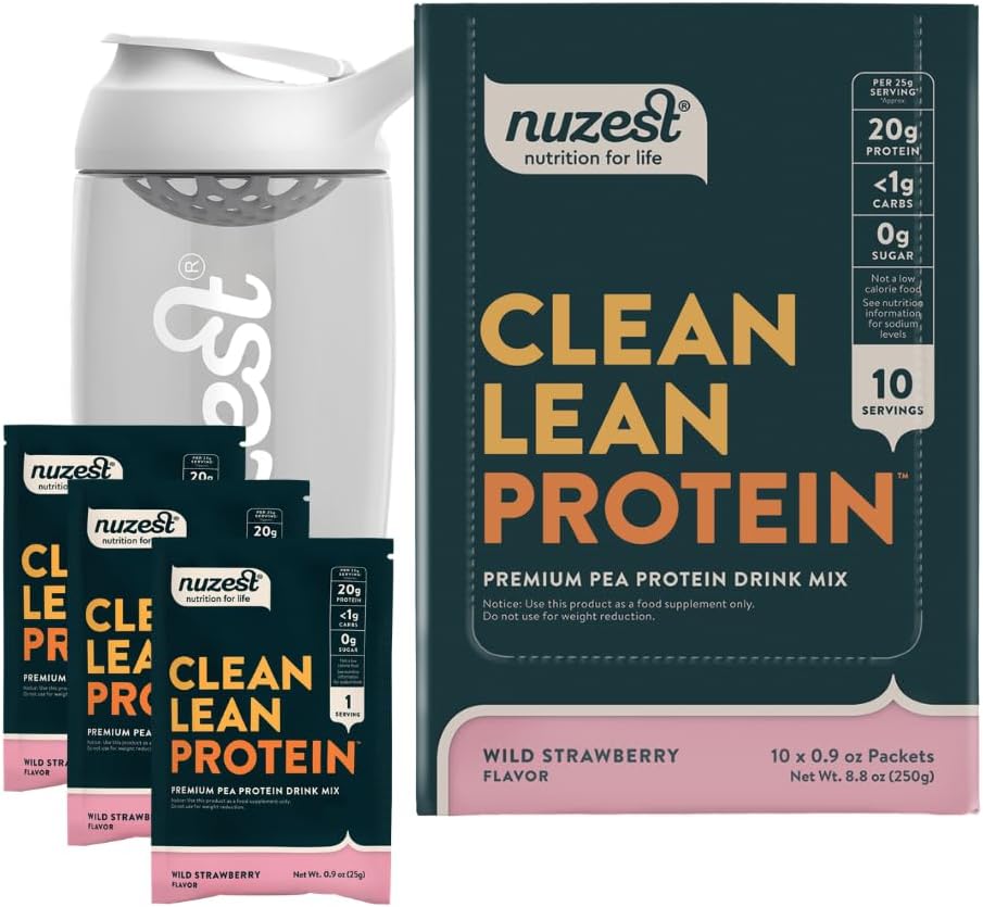 Nuzest Vegan Pea Protein Powder - Clean Lean Protein 10 Servings 20g Protein, Wild Strawberry Protein Shake Mix + Sports Shaker Bottle 24oz