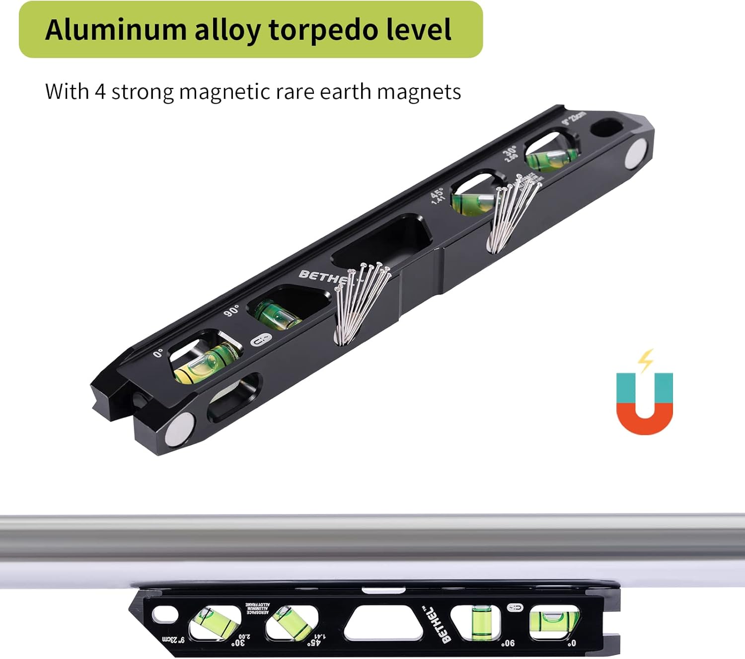 BETHEL Torpedo Level, Magnetic Conduit Level with 4 Vials, V-Groove and Magnet Track,Aluminum Alloy Construction, High Viz Black (9 inch)