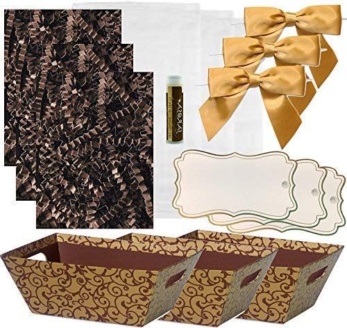 Pursito, Chocolate, Basket Making Kit, Includes, Baskets, Crinkle Paper, Cellophane Bags, Bows, Tags, 3 Sets, Small Basket Kit
