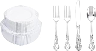 102PCS White and Silver Plastic Plates - Heavyweight Disposable Plate with Gold Rim and 40PSC Heavyweight Silver Plastic Disposable Utensils for Catering, Parties, Dinners, Weddings