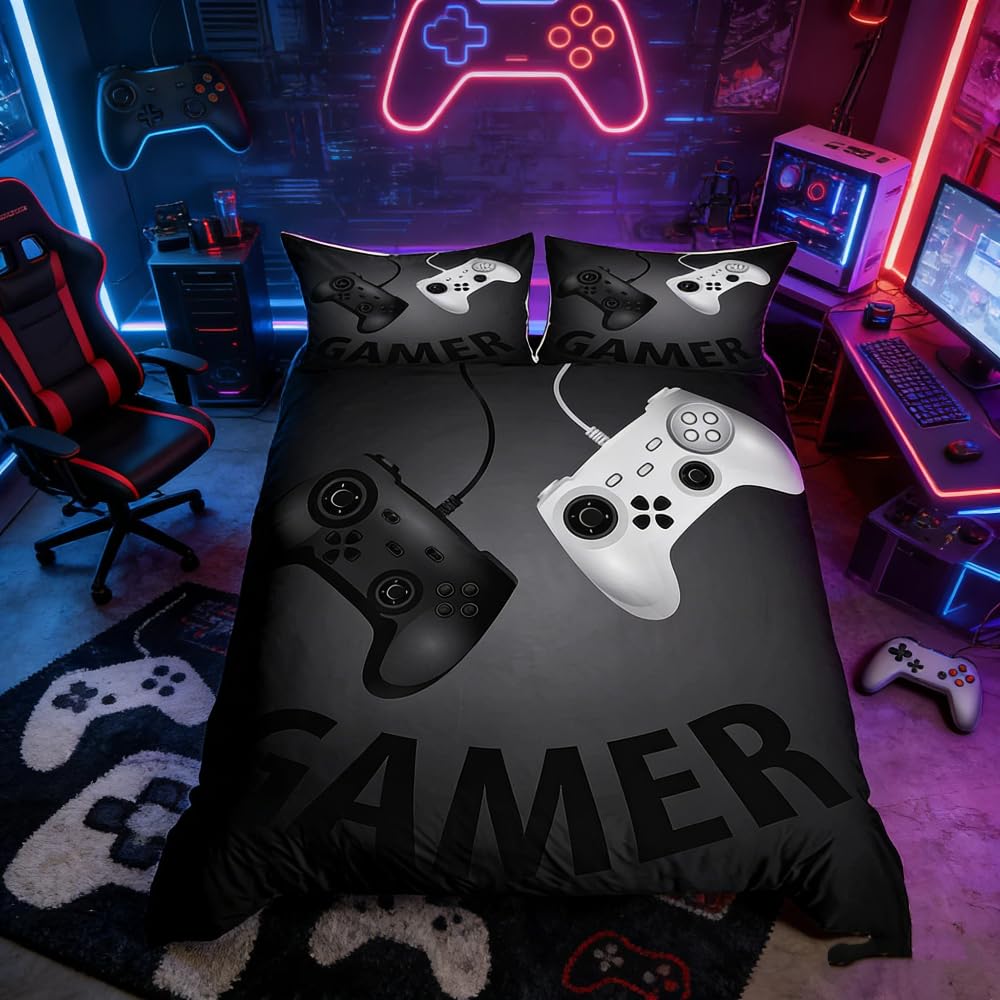 Loussiesd Boys Dark Black Games Duvet Cover Set For Kids Cartoon Video Game Gamepad Comforter Cover Child Youth Single Size Graffiti Style Bedding Set Novelty Modern Gamer Bedding Cover,2Pcs Room Decor