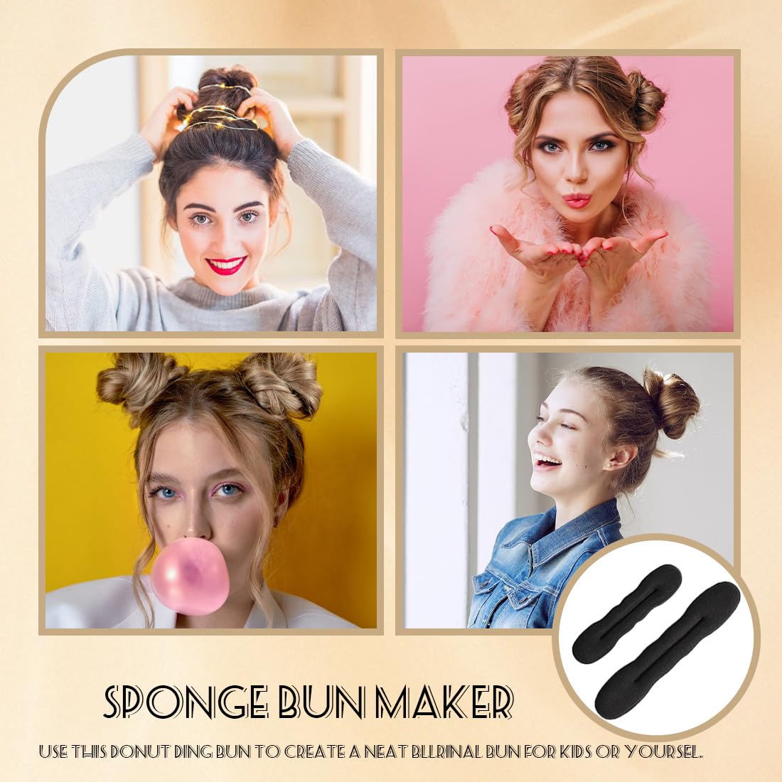 Kit 4 Ciambelle Chignon,Facili e Veloci per Capelli con Accessori in Spugna,Capelli Strumento per Intrecciare, per Bambine e Donne, 2 Piccole e 2 Grandi, Colore Nero