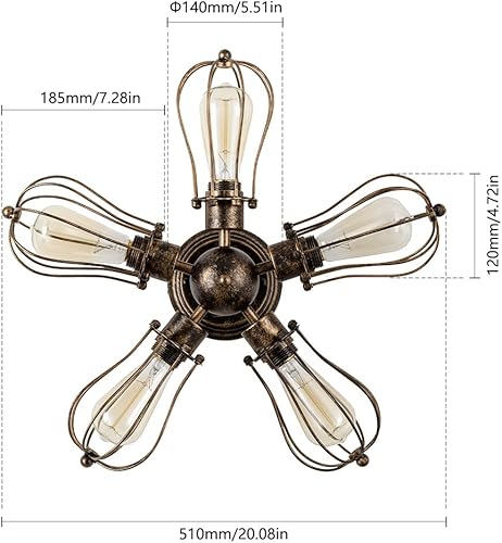 Miniatura 6 de Lámpara de techo vintage industrial semiempotrada, lámpara de techo con acabado pintado (con 5 luces) (bronce)