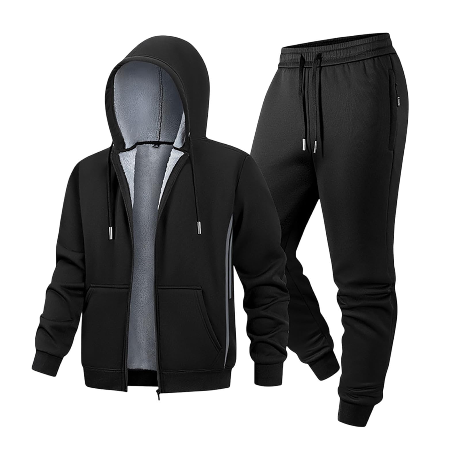 Tuta sportiva da uomo, in pile, 2 pezzi, felpa e pantaloni da jogging, tuta spessa, da jogging, sport, con calda imbottitura, per il tempo libero, oversize