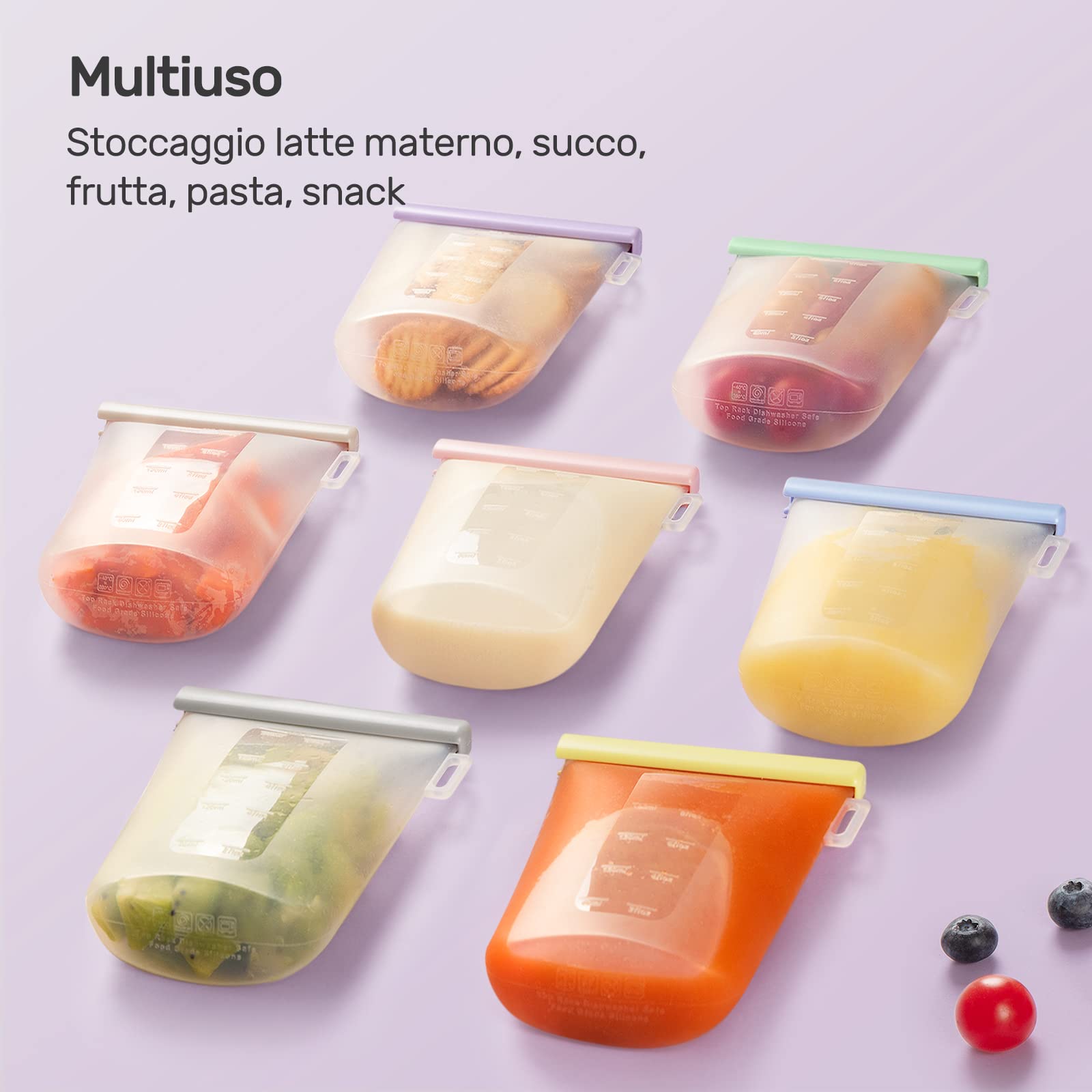 Nuliie 7 pezzi riutilizzabili contenitori latte materno, 12oz/360ml a prova di perdite, sacchetti latte materno in silicone alimentare per l'allattamento al seno, BPA Free, doppio sigillo