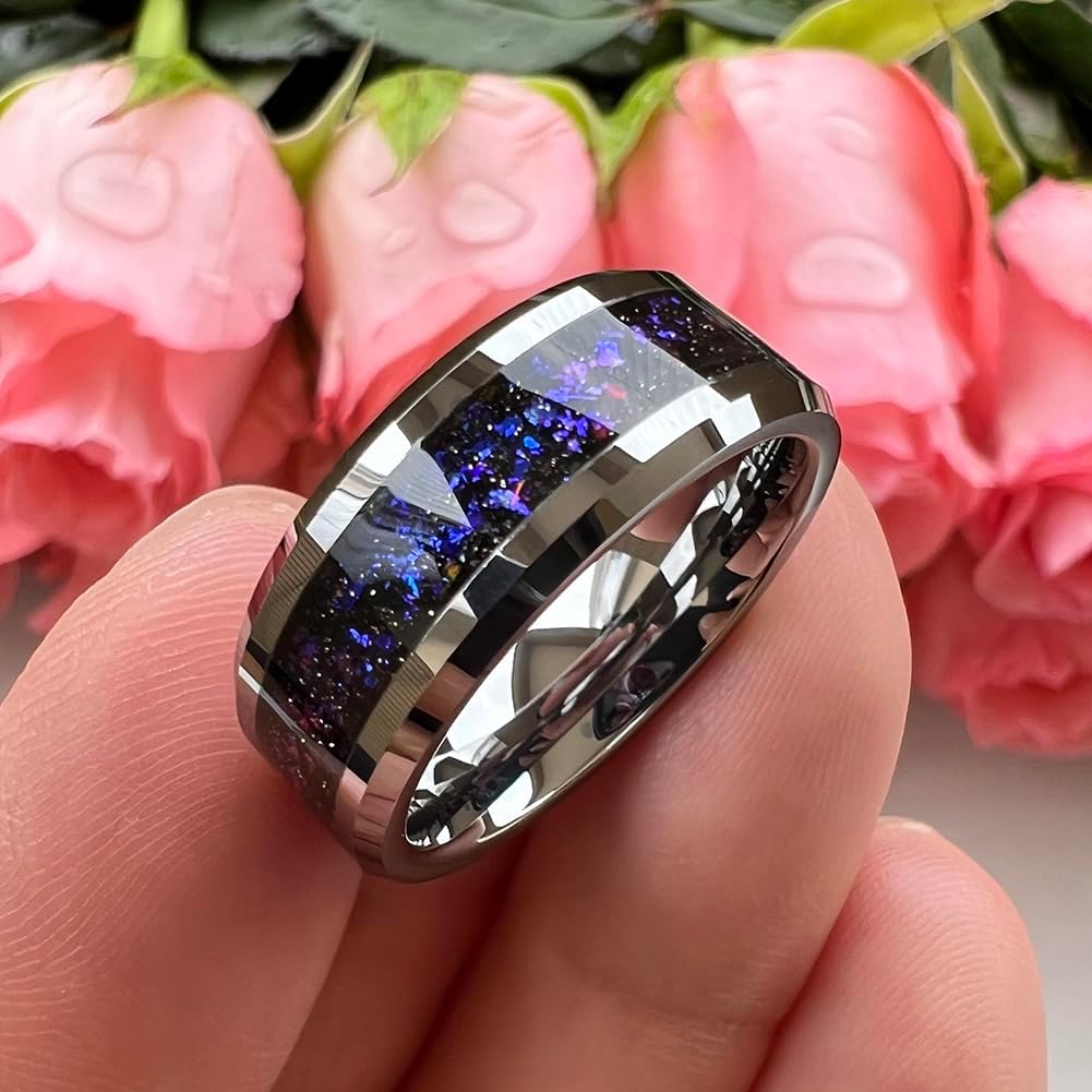 TUTISS 8mm Silver/Black Tungsten Rings for Men Women Orion Nebula Galaxy Opal Blue Gold Foils Inlay Engagement Wedding Promise Band Beveled Edges Polished Comfort Fit