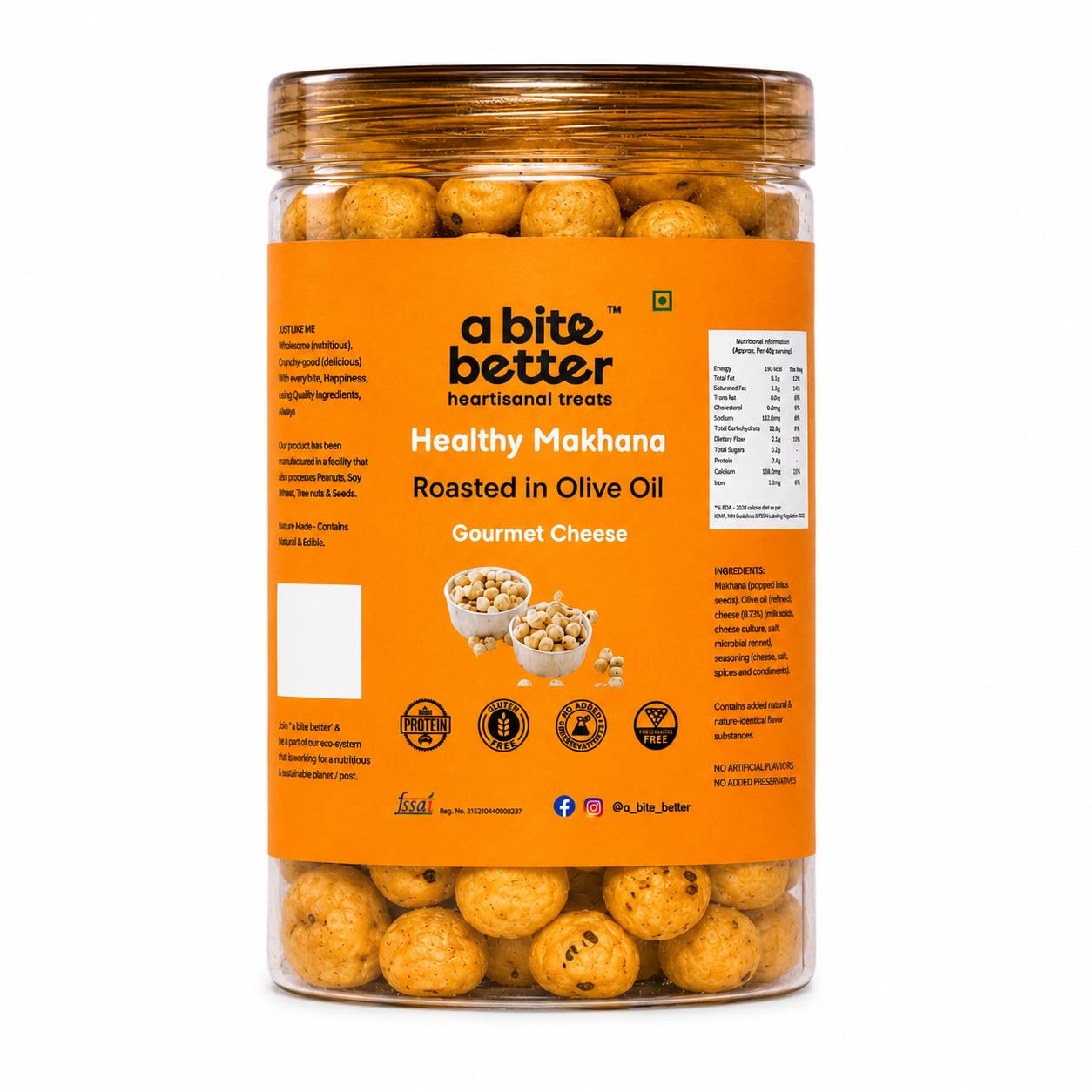a Bite Better Roasted Makhana | Gourmet Cheese Flavor | Roasted in Olive Oil | Healthy Fox Nuts Snack | Light & Crunchy | Gluten Free | High in Fiber | 85g