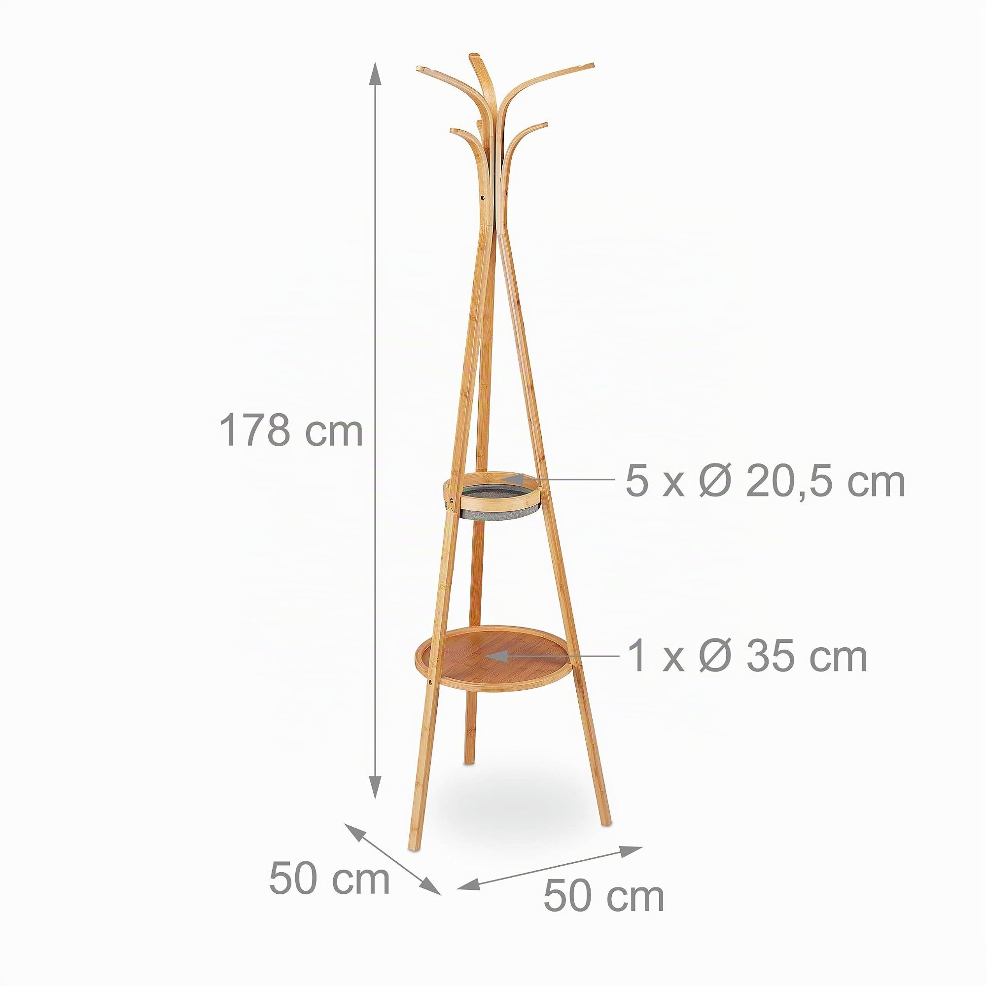 Relaxdays Appendiabiti, Moderno Attaccapanni in Bambù 2 Ripiani, 6 Ganci, Design ad Albero, 178x50x50 cm, Legno Naturale