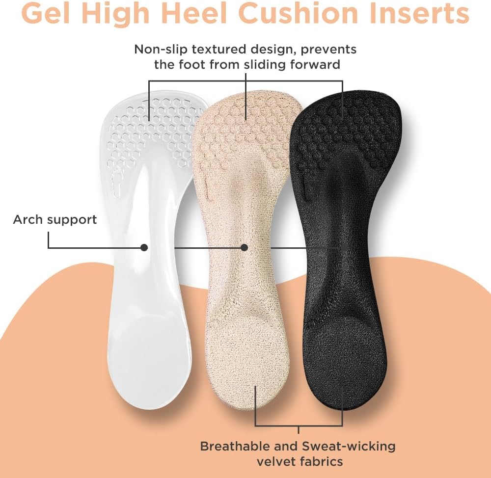 3/4 High Heel Cushion Insoles, Self-Adhesive Arch Support Inserts for Flat Feet and Arch Pain Relief, Gel Shoe Inserts for Sandal, Flats and High Heels (2 Pairs, Transparent, Women's 5-8.5) - Image 2