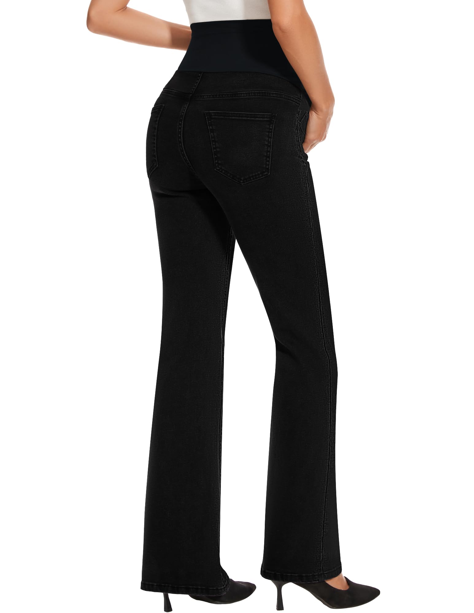 GLAMIX Pantalones de mezclilla elásticos de maternidad con bolsillos sobre el vientre, pantalones de mezclilla acampanados para mujer, ropa de embarazo