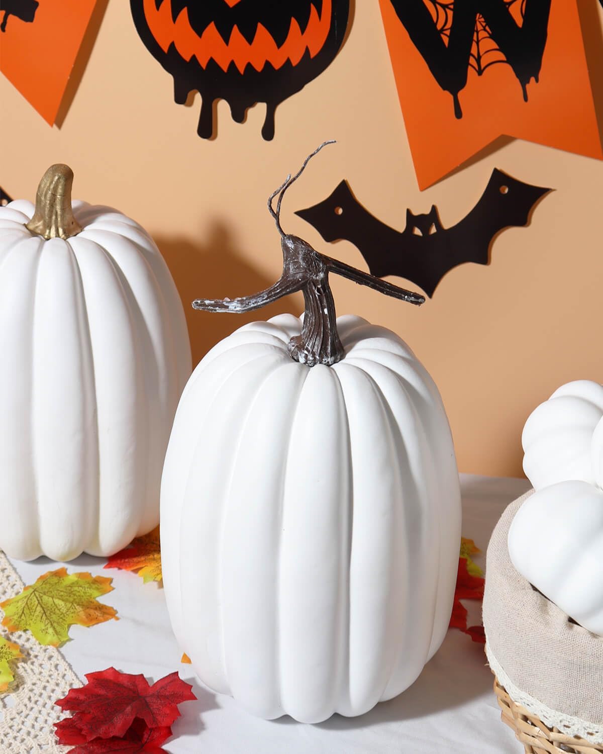 vensovo 8.5 Inch Large Off White Cracked Design & White Pumpkins for Decorating - 4 PCS Big White Cracked Foam Decorative Pumpkins for Fall Decor, White Paintable Artificial Pumpkins