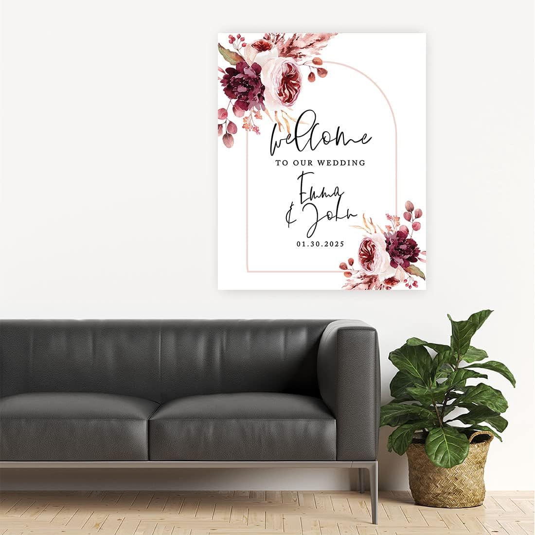 Andaz Press Custom Large Wedding Welcome Sign, 16" x 20" Boho Arch with Burgundy Florals Personalized Canvas Welcome Sign Our Canvas, Welcome Sign for Wedding Ceremony Reception Guestbook Alternative