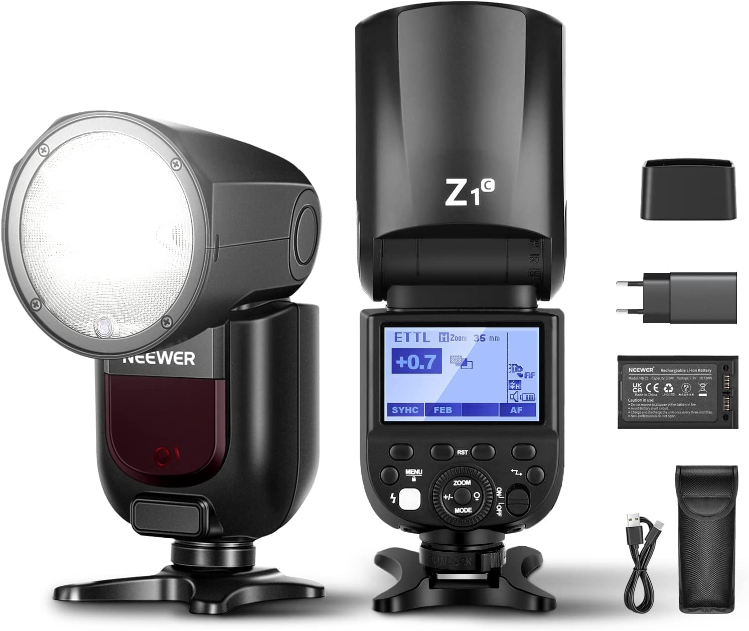 NEEWER Z1-C TTL lampa błyskowa Speedlite okrągła lampa błyskowa do aparatów Canon DSLR, 76 W 2,4 G 1/8000s HSS, 10 stopni LED lampa regulacyjna, Speedlight z akumulatorem litowym 2600 mAh, recykling w