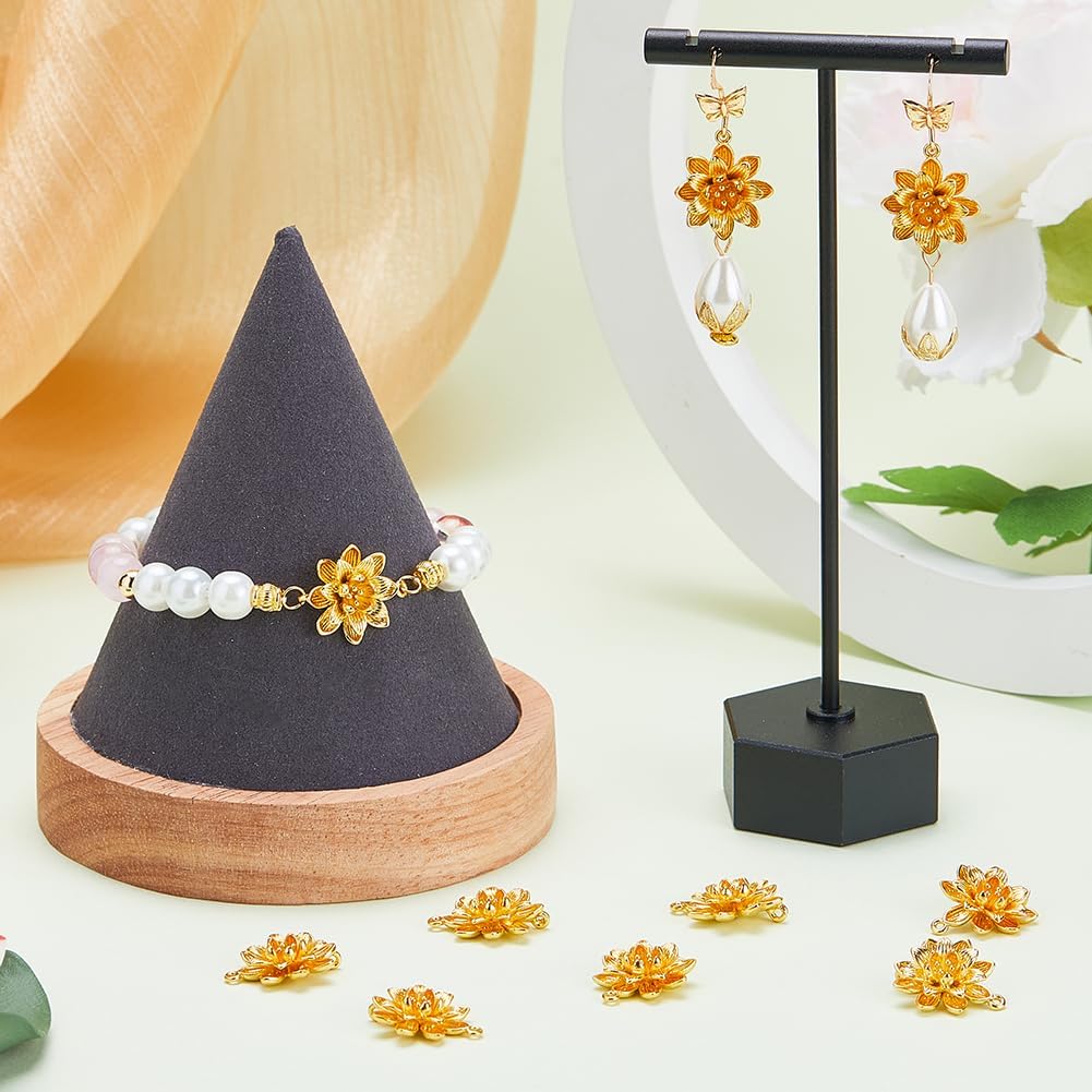 Beebeecraft 10Pcs 3D Flower Links 18K Gold Plated Brass Flower Connector Charms Floral Bracelet Necklace Connector with 2 Hole for DIY Jewelry Making