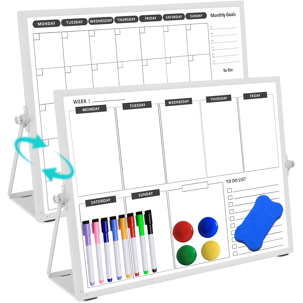 Peldris Weekly Planner Whiteboard with Stand, 30 x 40cm Double Sided Dry Erase Whiteboard Calendar with 8 Markers, 4 Magnets, 1 Eraser, 360° Angle, Portable Magnetic Whiteboard for Home Office School