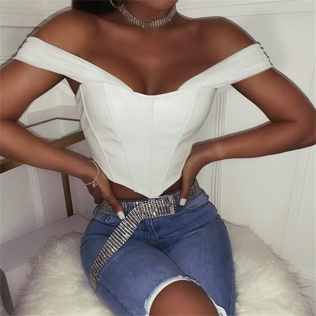 Women's Leather Vest Sexy Mesh Gauze Suspender Short Top Solid Color Vest Back Zipper