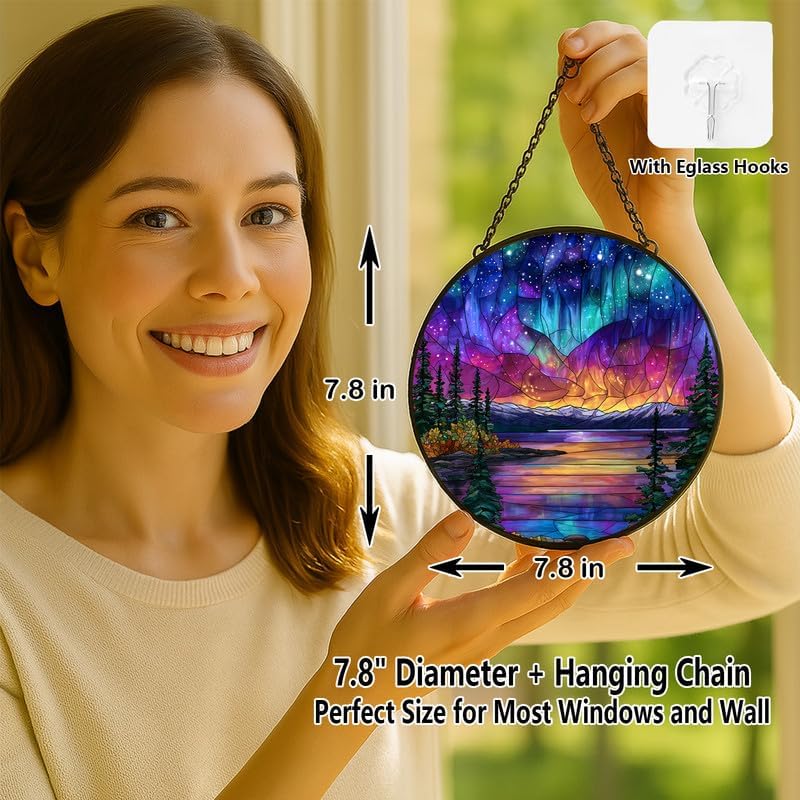 Northern Lights Aurora Stained Glass Window Hanging - Sun Catchers Indoor Window Stained Glass Panels Wall Decor for Mom，Wife，Lovers 7.8in