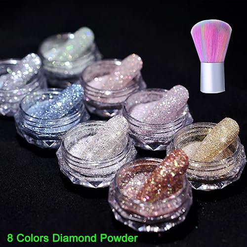 Miniatura 5 de 8 cajas de polvo de diamante de cristal para uñas, purpurina de diamante abrasivo, polvos de pigmento para arte de uñas, 1 cepillo removedor de polvo
