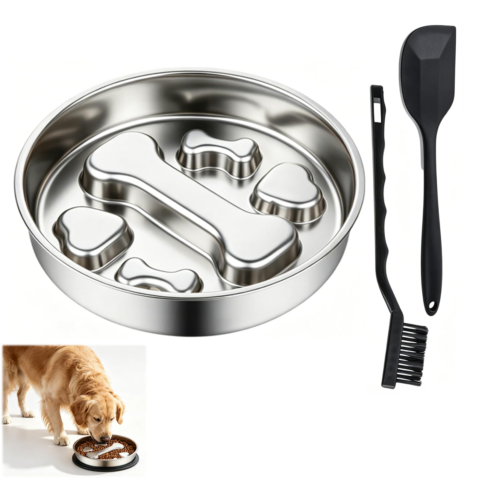 3 Piece Slow Feeder Dog Bowl Set, 304 Stainless Steel Bone Feeder