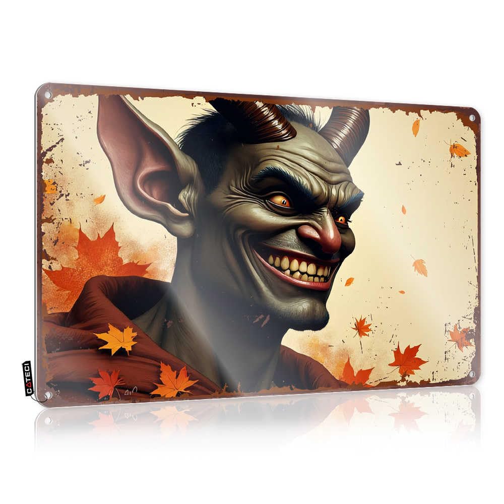 Fzfn Colour Funny Decor For Bar Waterproof Funny Vintage Signs | Devilish Grin Amidst Autumn Leaves Old-Fashioned Decorative Wall Art Ready To Hang For Room(30X40cm)