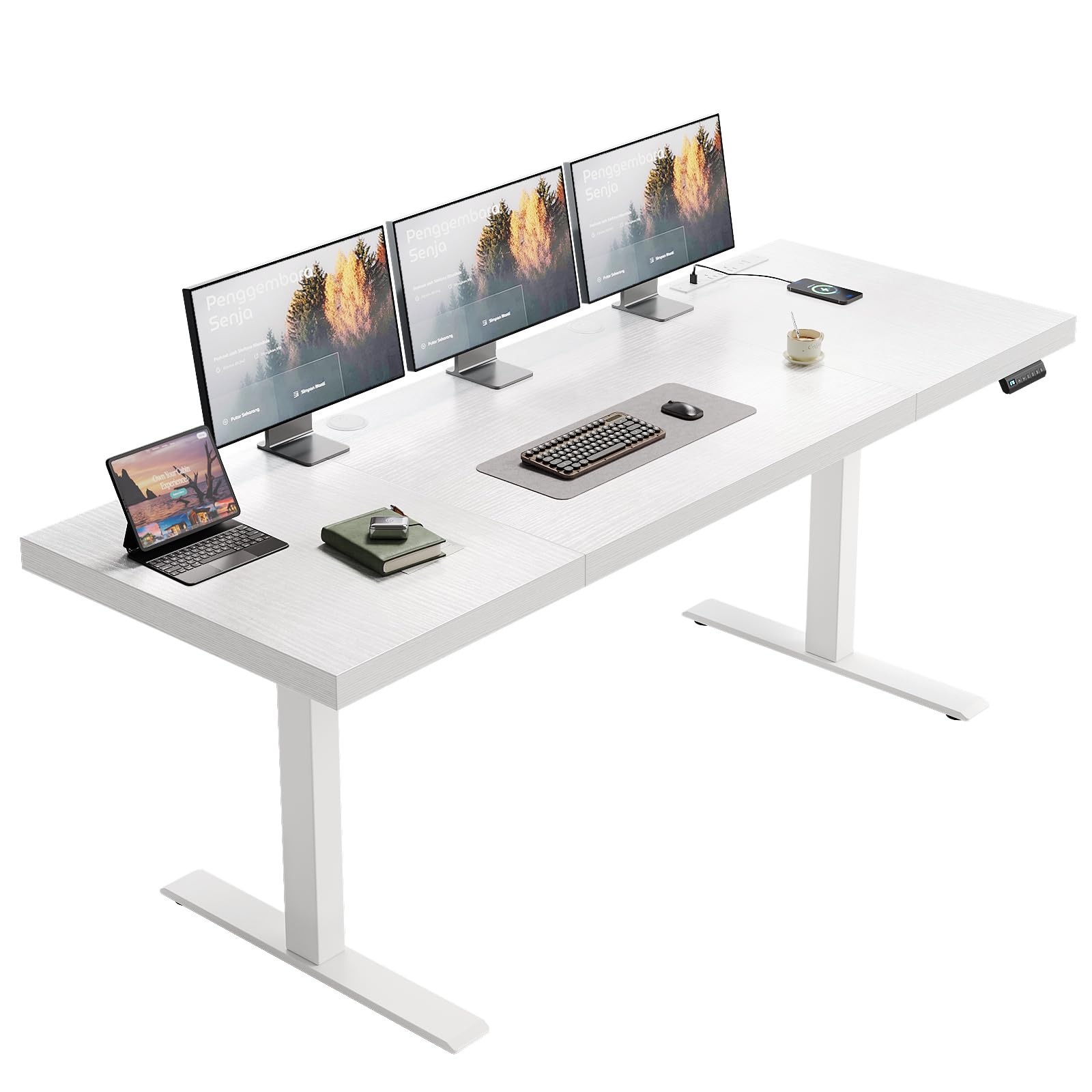 OffiGo Electric Standing Desk with 3-Piece Board, 71 Inch Height Adjustable Large Table with Power Outlets, Sit Stand Table, Writing Computer Desk for Home, Office, Workstation, White