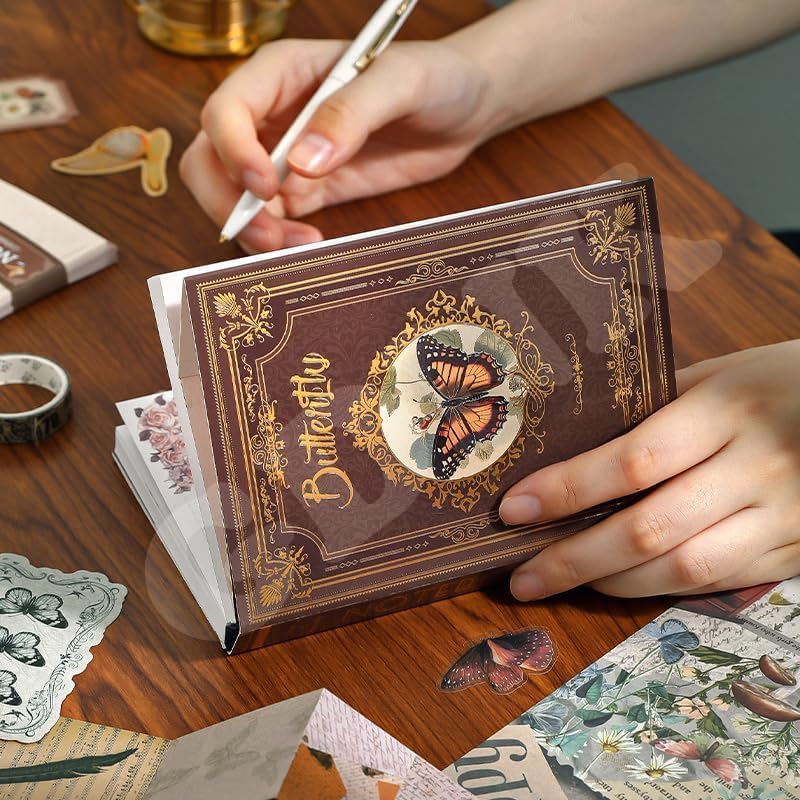 Image of GDNK Scrape Book Kit Scrapbooking Kit Vintage Journal Scrapbook Pack DIY Paper Stickers, Craft Kits Notebook, Collage Album Aesthetic Sticker Journaling Scrapbook Photo Album (Brown Butterfly)