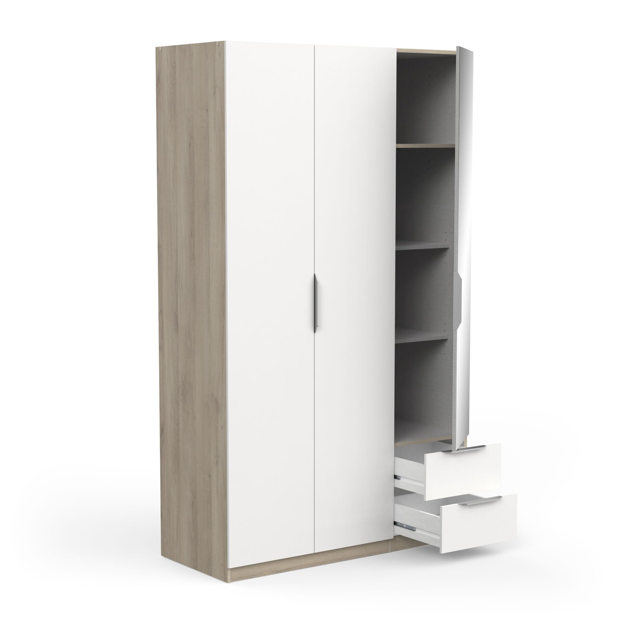 Armoire GHOST - Décor chene kronberg et blanc mat - 3 Portes + 2 Tiroirs + 1 miroir - L.119,4 x P.51,1 x H.203 cm - DEMEYERE