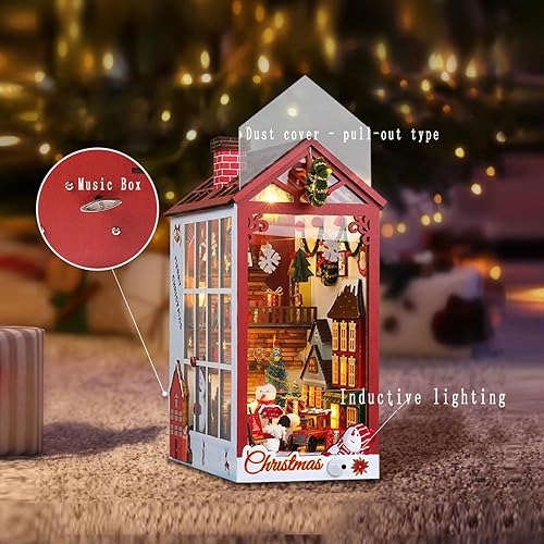 Miniatura 4 de Soporte para libros de Navidad con cubierta antipolvo, rompecabezas 3D, kit de modelo de casa de muñecas en miniatura, kit de construcción de madera