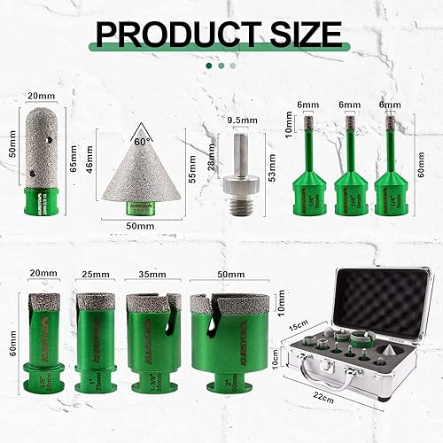 Miniatura 2 de Kit de brocas de núcleo de diamante, 7 piezas de 6662025351.969 in+1 broca biselada de 2 pulgadas+1 broca de fresado de dedo de 34