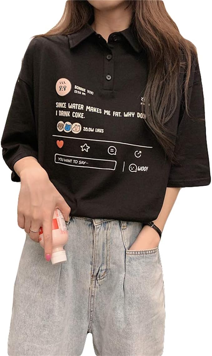 Amazon Qyy半袖 Tシャツ レディース 韓国 ポロシャツ ゆったり カットソー 襟付き プリント柄 ファッション トップス 可愛い 夏服 Tシャツ 通学 Tシャツ カットソー 通販