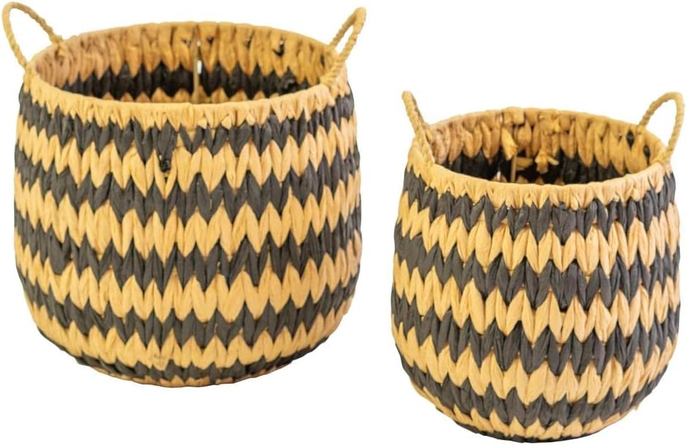 Set/2 Tall Round Black & Natural Seagrass Baskets W Handles