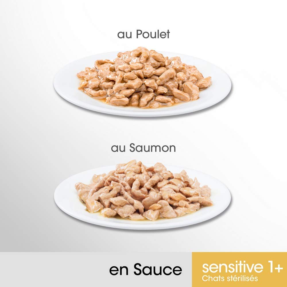 Sensitive 1+ – Sacchetti per gatti adulti sterilizzati – Soddisfa esigenze specifiche di un gatto sterilizzato – Ricco di pollo e salmone – 52 bustine da 85 g