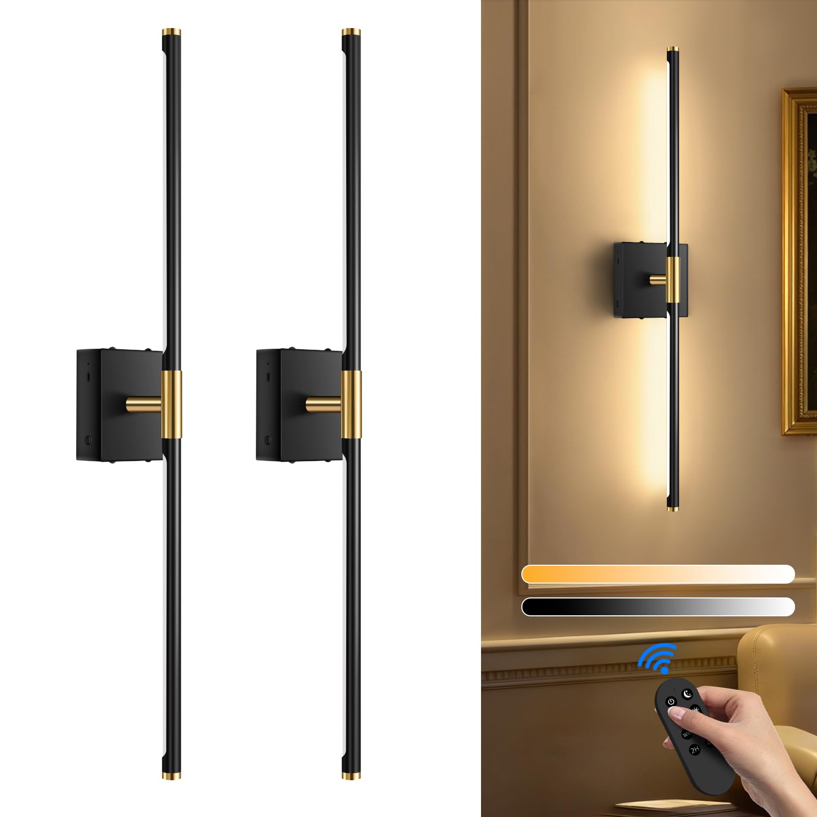 SAIMAND Wall Sconces Set of Two Battery Operated, Wireless USB Rechargeable Wall Lights with Remote, 8000mAh Dimmable LED 3 Color Dimmable Living Room for Bedroom,Hallway,Picture Lamp (30in Black)