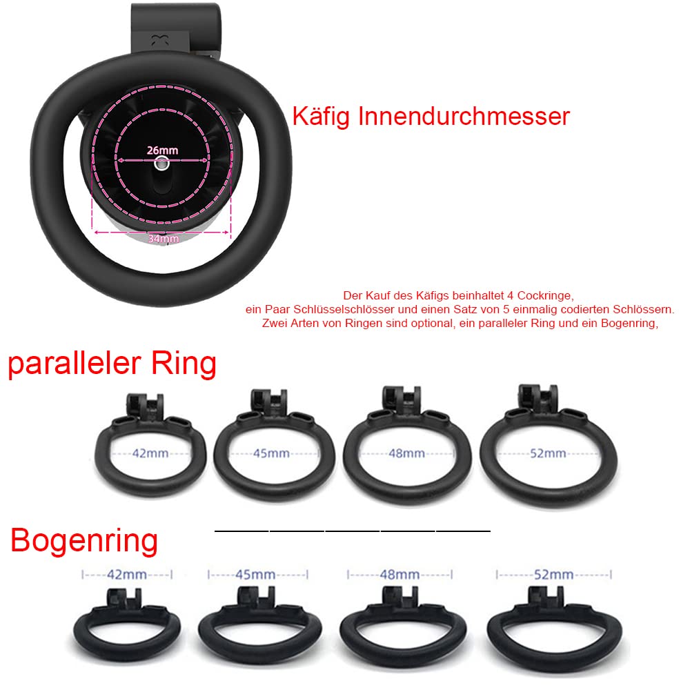 Keuschheitsgürtel für extreme Fetisch Männer, Harz 3D Peniskäfig mit 4 Cockringen ＆ hohl Dilatator Keuschheit Set CBT Folter mit Spikes SM Bondage Keuschheitskäfig (Bogenring)